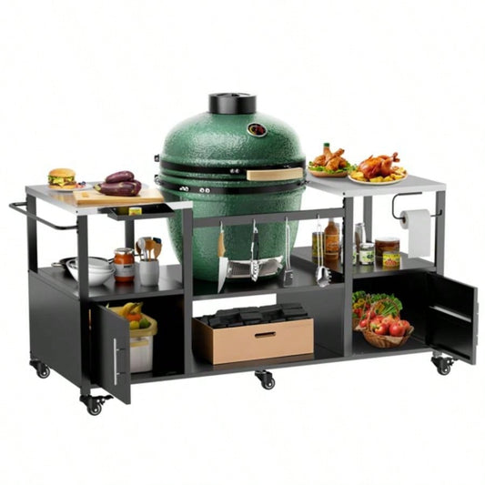 Outdoor Grill Table Style BBQ, Metal Grill Cart with Storage Box, Compatible with up to Large Green, Kamado Joe Jr
