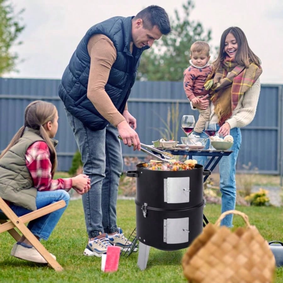 Vertical Steel Charcoal Smoker, Heavy Duty Double Layer Round BBQ Grill Outdoor Cooking, Black