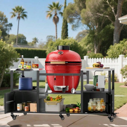 Outdoor Grill Table Style BBQ, Metal Grill Cart with Storage Box, Compatible with up to Large Green, Kamado Joe Jr