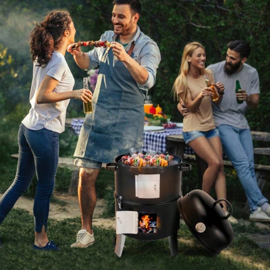 Vertical Steel Charcoal Smoker, Heavy Duty Double Layer Round BBQ Grill Outdoor Cooking, Black