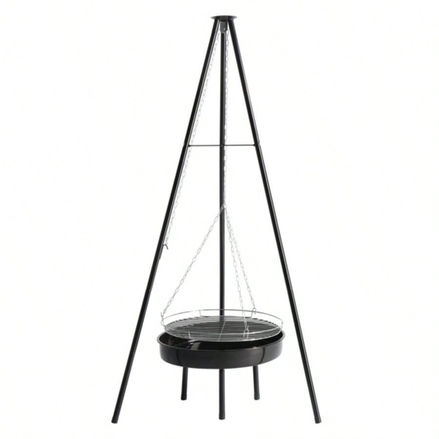 Campfire Tripod Grill, Adjustable Height BBQ Grill Grate with Fire Bowl Outdoor Camping BBQ, Black