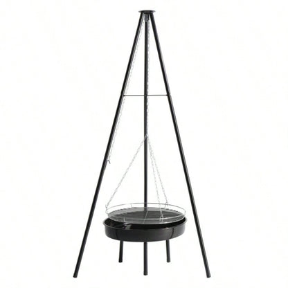Campfire Tripod Grill, Adjustable Height BBQ Grill Grate with Fire Bowl Outdoor Camping BBQ, Black