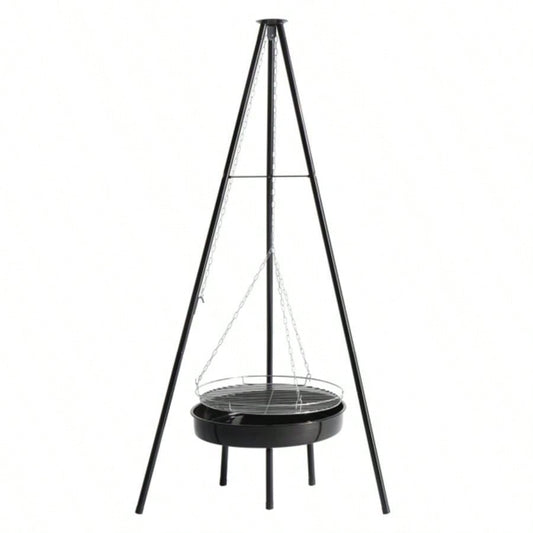 Campfire Tripod Grill, Adjustable Height BBQ Grill Grate with Fire Bowl Outdoor Camping BBQ, Black