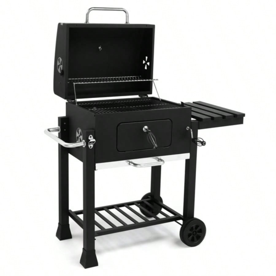 Charcoal Grill with Foldable Side Table and Wheels, Heavy - duty BBQ Grill Outdoor Picnics Patio Garden and Backyard Grilling