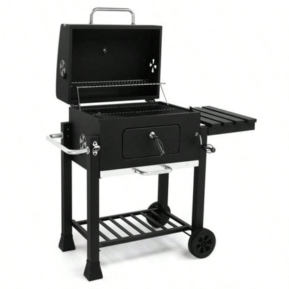Charcoal Grill with Foldable Side Table and Wheels, Heavy - duty BBQ Grill Outdoor Picnics Patio Garden and Backyard Grilling