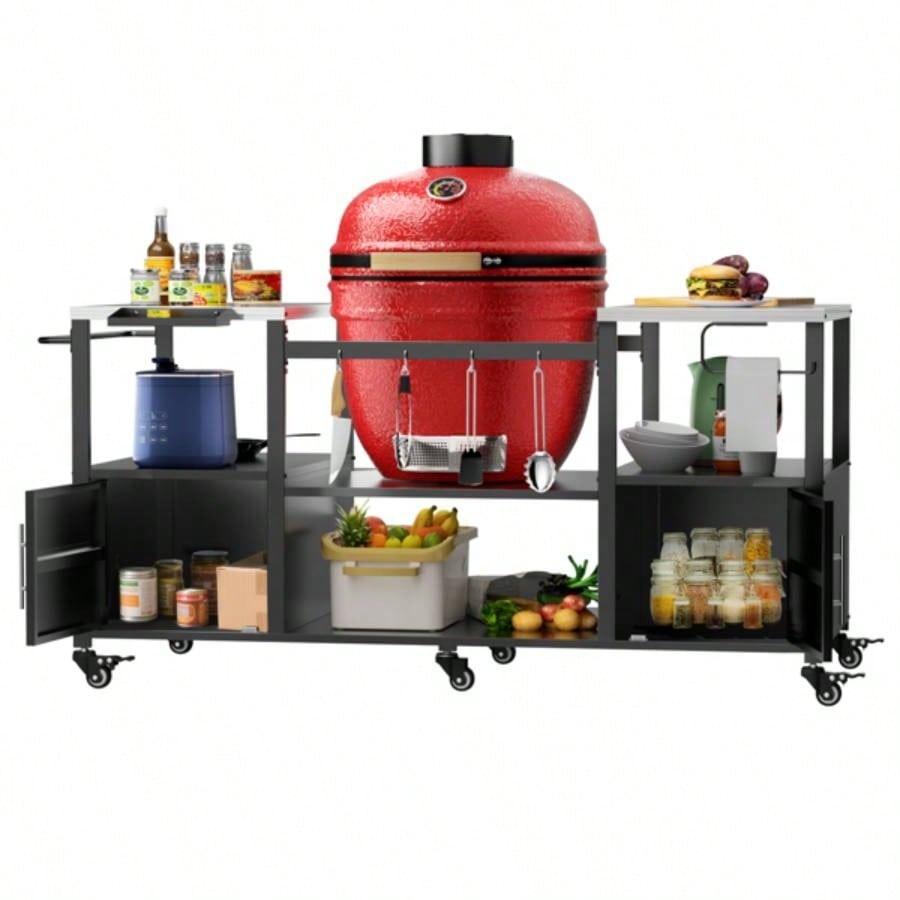 Outdoor Grill Table Style BBQ, Metal Grill Cart with Storage Box, Compatible with up to Large Green, Kamado Joe Jr