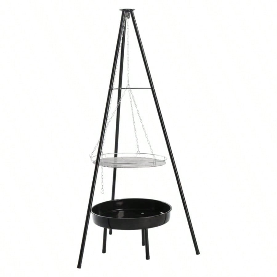 Campfire Tripod Grill, Adjustable Height BBQ Grill Grate with Fire Bowl Outdoor Camping BBQ, Black
