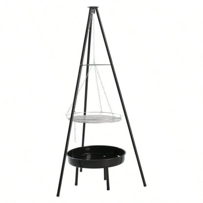 Campfire Tripod Grill, Adjustable Height BBQ Grill Grate with Fire Bowl Outdoor Camping BBQ, Black