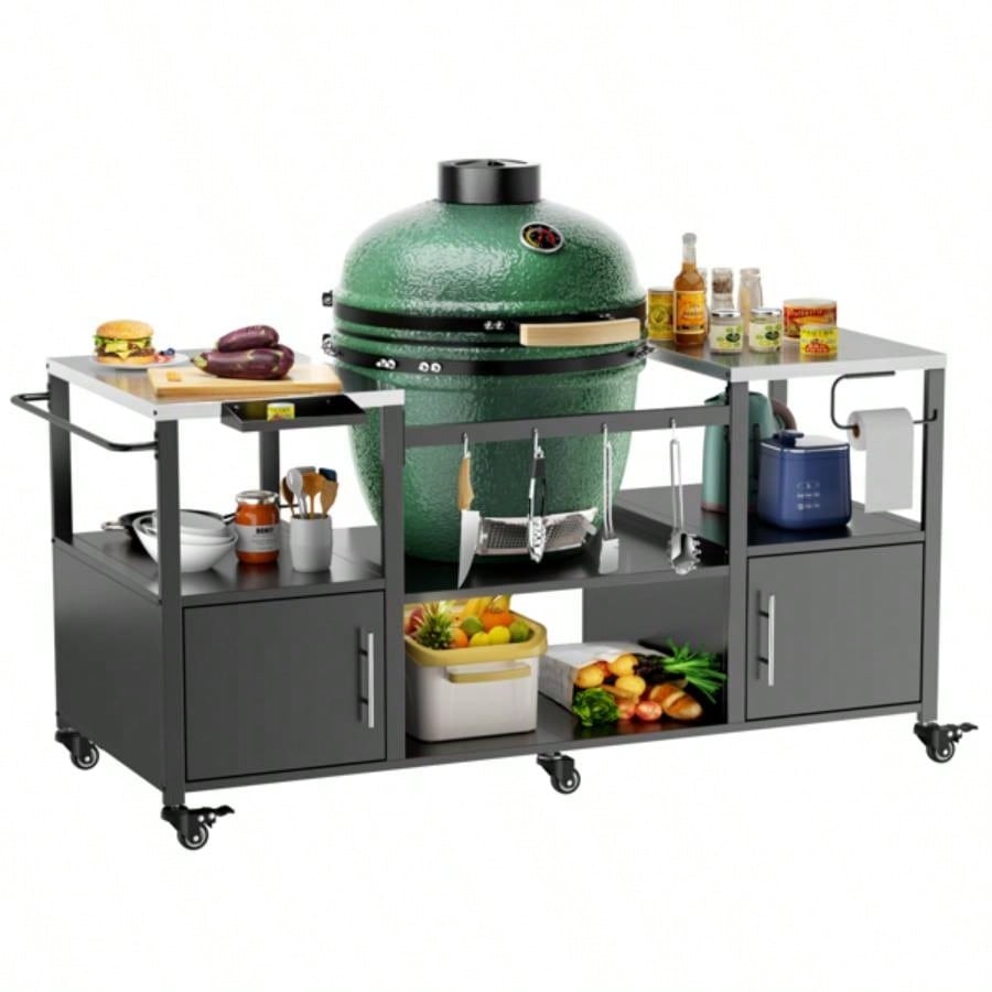 Outdoor Grill Table Style BBQ, Metal Grill Cart with Storage Box, Compatible with up to Large Green, Kamado Joe Jr