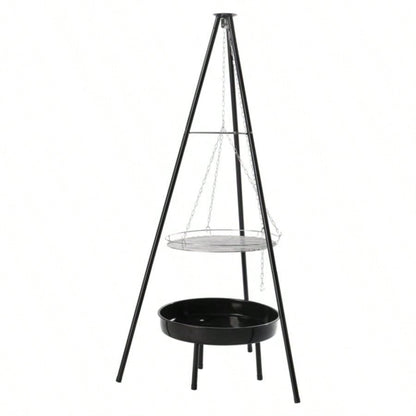 Campfire Tripod Grill, Adjustable Height BBQ Grill Grate with Fire Bowl Outdoor Camping BBQ, Black