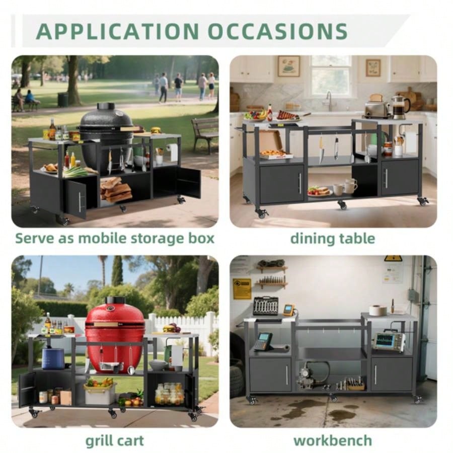 Outdoor Grill Table Style BBQ, Metal Grill Cart with Storage Box, Compatible with up to Large Green, Kamado Joe Jr