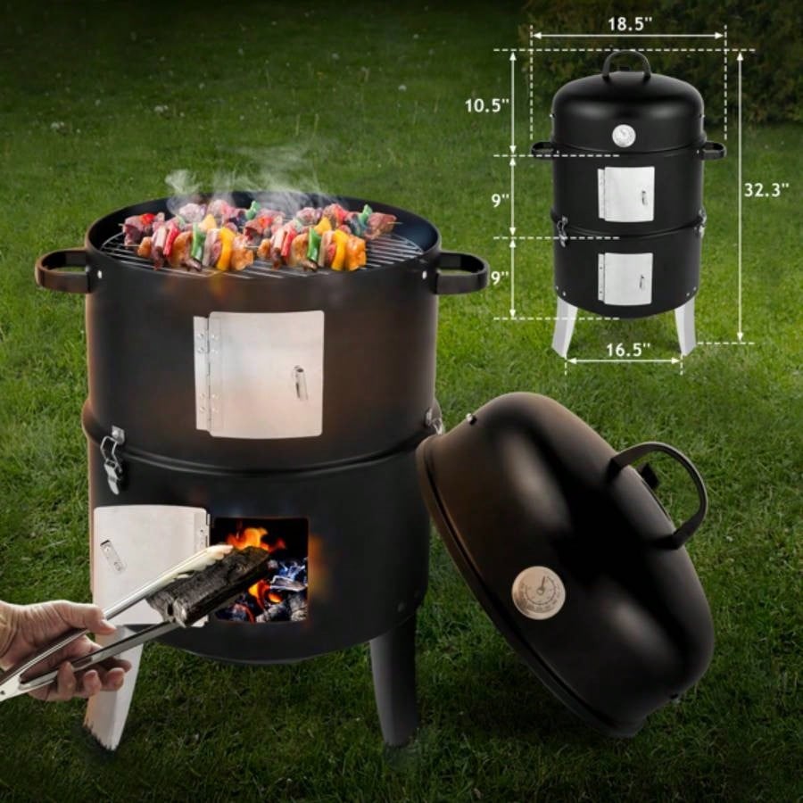 Vertical Steel Charcoal Smoker, Heavy Duty Double Layer Round BBQ Grill Outdoor Cooking, Black