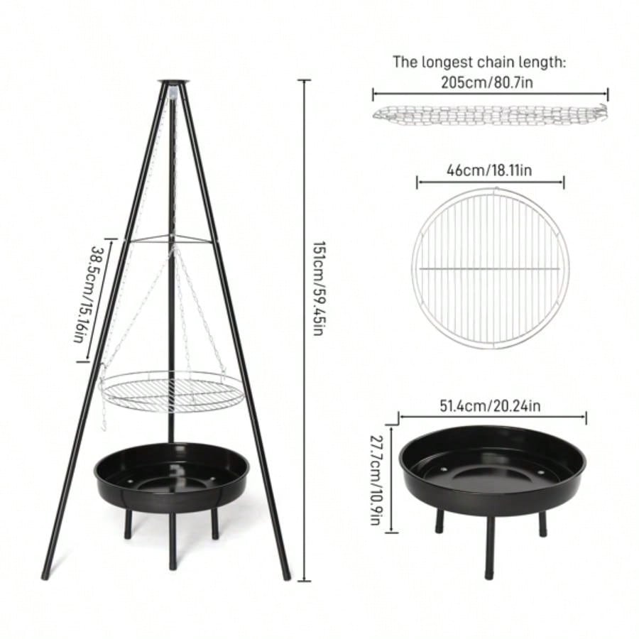 Campfire Tripod Grill, Adjustable Height BBQ Grill Grate with Fire Bowl Outdoor Camping BBQ, Black