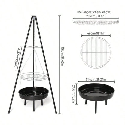 Campfire Tripod Grill, Adjustable Height BBQ Grill Grate with Fire Bowl Outdoor Camping BBQ, Black