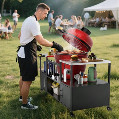 Outdoor Grill Table Style BBQ, Metal Grill Cart with Storage Box, Compatible with up to Large Green, Kamado Joe Jr