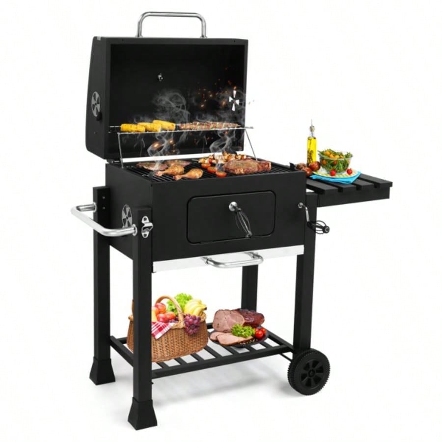 Charcoal Grill with Foldable Side Table and Wheels, Heavy - duty BBQ Grill Outdoor Picnics Patio Garden and Backyard Grilling