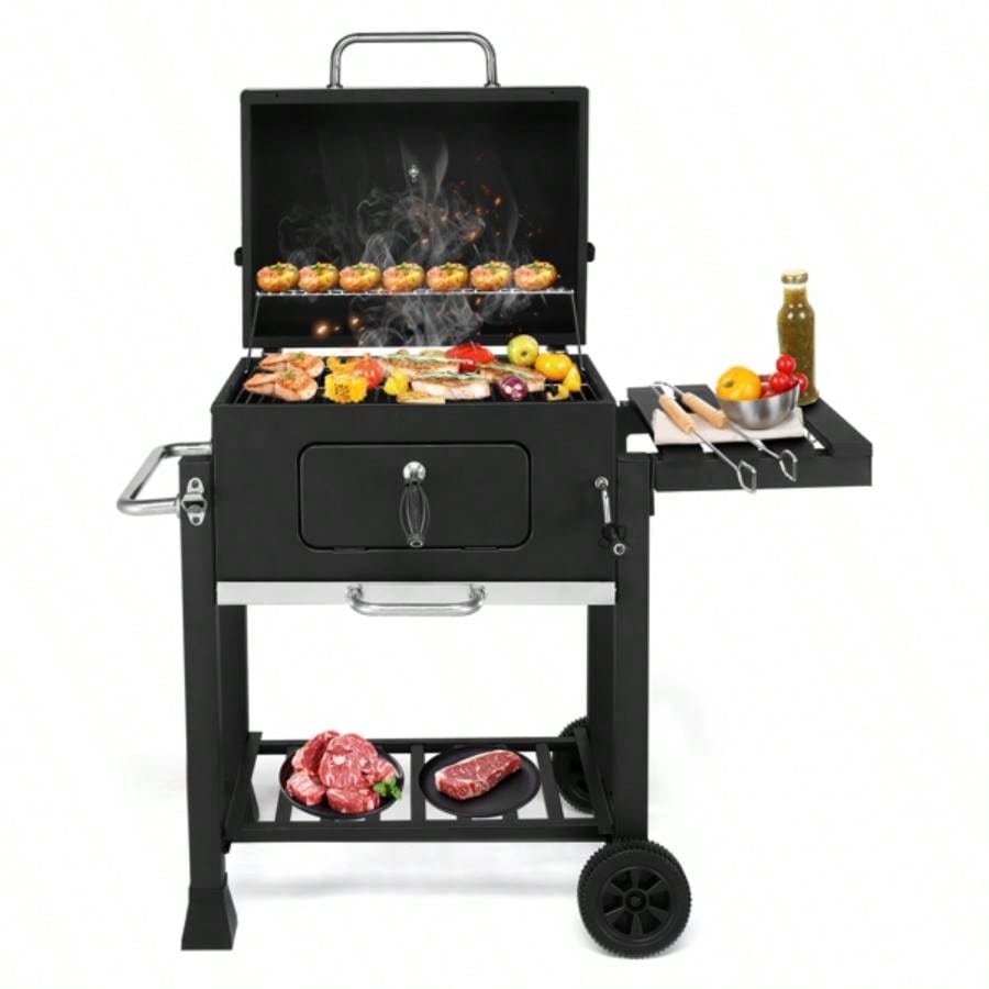 Charcoal Grill with Foldable Side Table and Wheels, Heavy - duty BBQ Grill Outdoor Picnics Patio Garden and Backyard Grilling