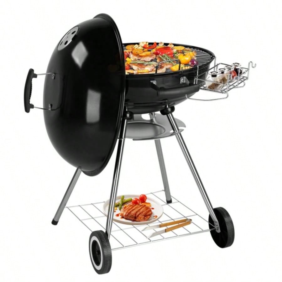 28 - Inch Portable Charcoal Grill with Wheels and Storage Holder, Porcelain - Enameled Lid and Ash Catcher Thermometer, Round Barbecue Kettle Grill Bowl Wheels Outdoor Party Camping Picnic