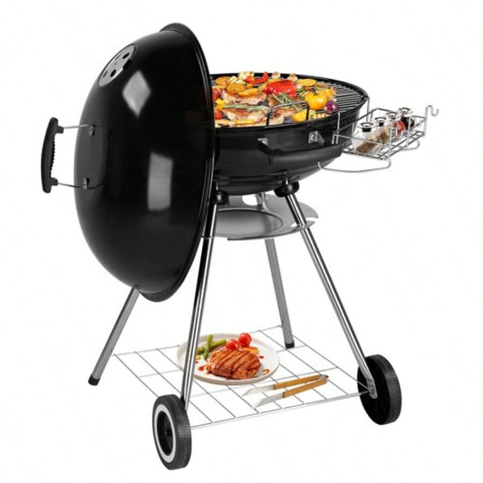 28 - Inch Portable Charcoal Grill with Wheels and Storage Holder, Porcelain - Enameled Lid and Ash Catcher Thermometer, Round Barbecue Kettle Grill Bowl Wheels Outdoor Party Camping Picnic