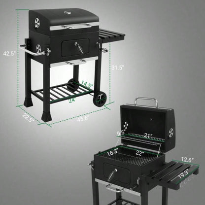 Charcoal Grill with Foldable Side Table and Wheels, Heavy - duty BBQ Grill Outdoor Picnics Patio Garden and Backyard Grilling