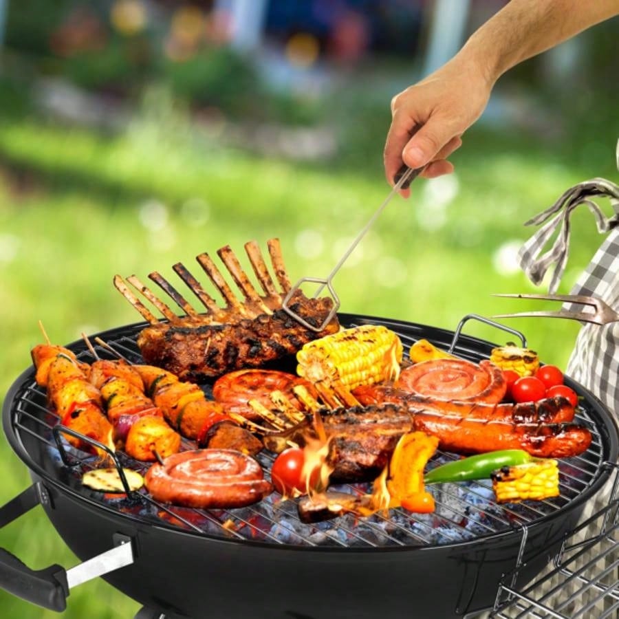 28 - Inch Portable Charcoal Grill with Wheels and Storage Holder, Porcelain - Enameled Lid and Ash Catcher Thermometer, Round Barbecue Kettle Grill Bowl Wheels Outdoor Party Camping Picnic