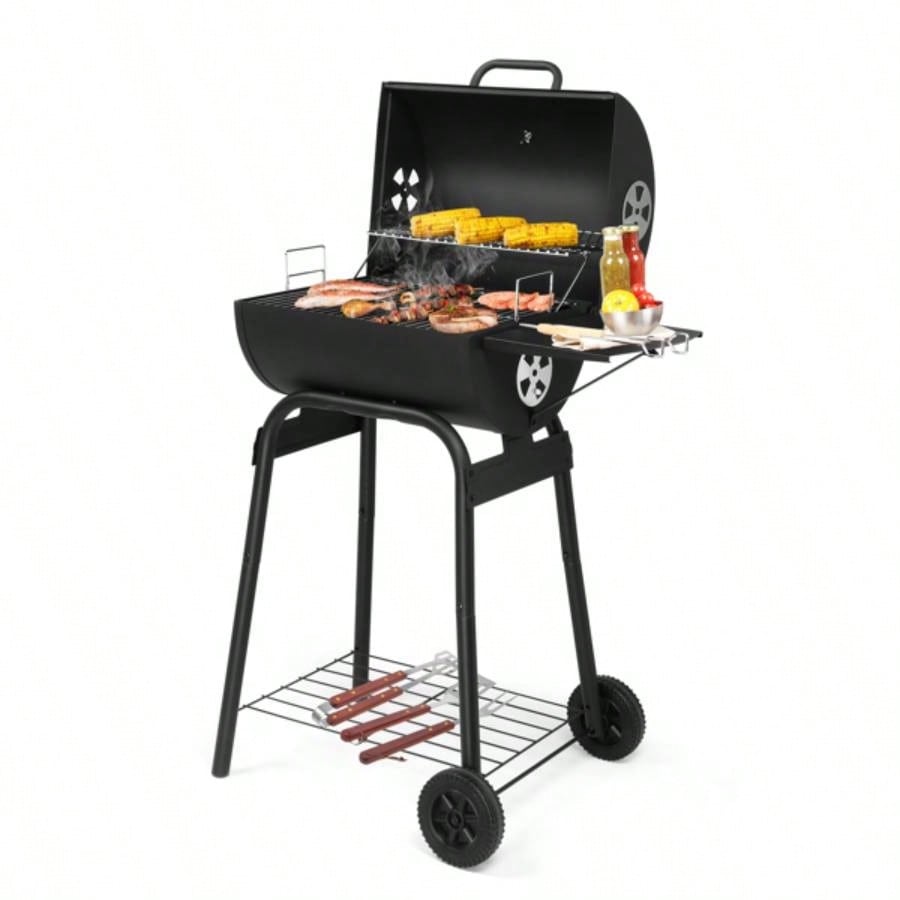 Charcoal Grills Outdoor BBQ Grill, Charcoal Grill with Side Table and Wheels, Outdoor Backyard Camping Picnics Patio and Parties