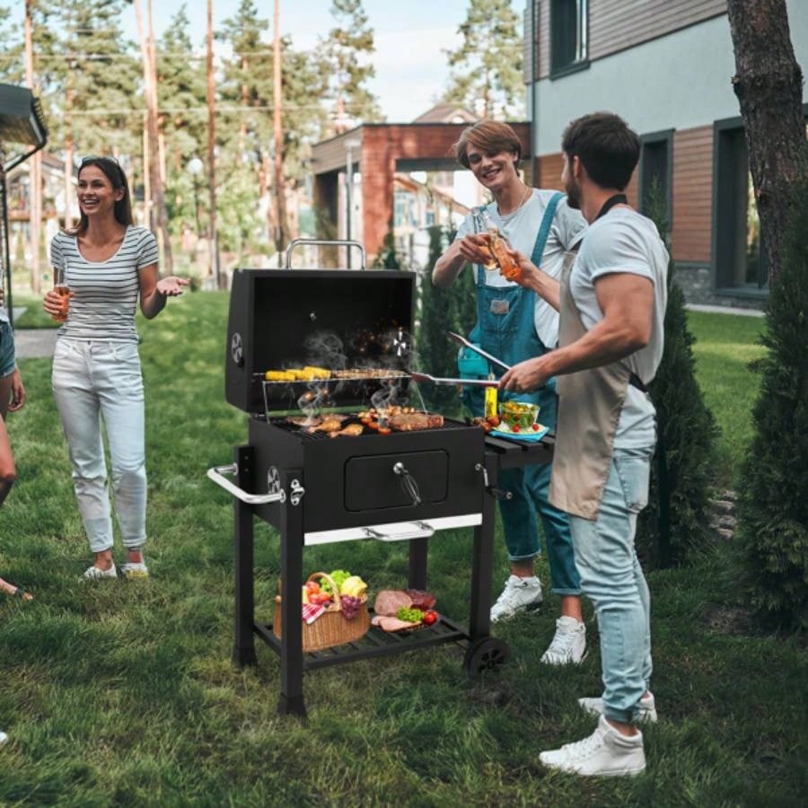 Charcoal Grill with Foldable Side Table and Wheels, Heavy - duty BBQ Grill Outdoor Picnics Patio Garden and Backyard Grilling