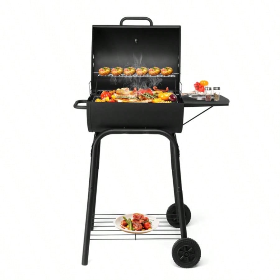 Charcoal Grills Outdoor BBQ Grill, Charcoal Grill with Side Table and Wheels, Outdoor Backyard Camping Picnics Patio and Parties