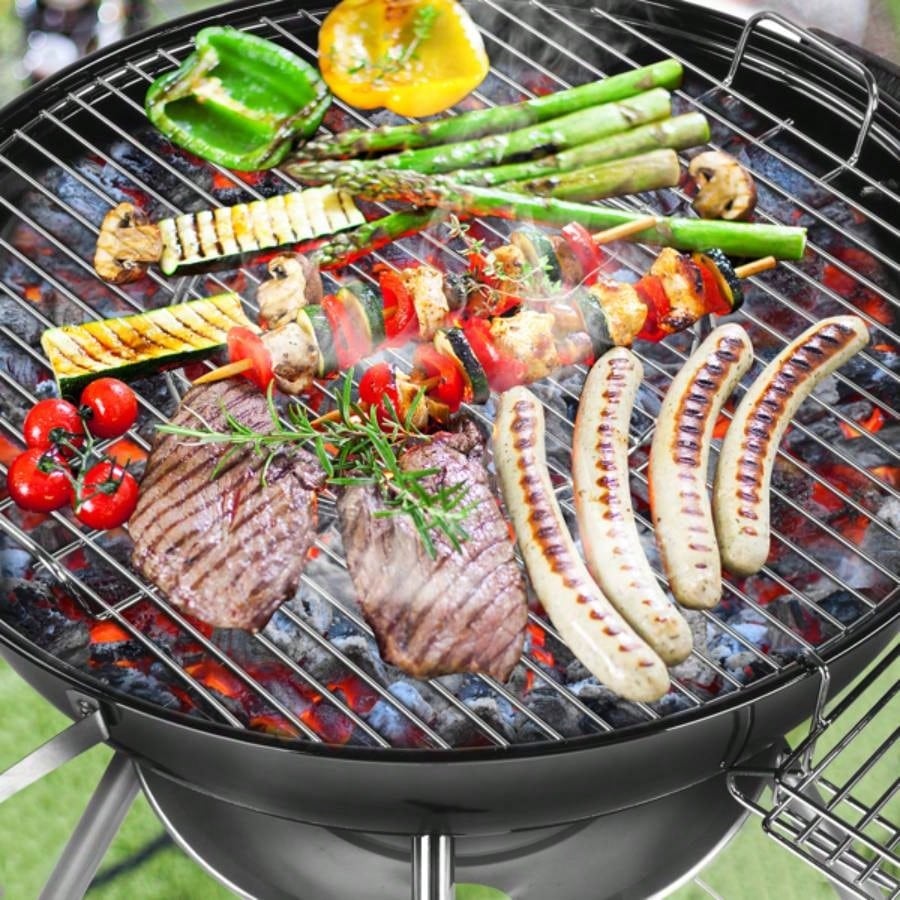 28 - Inch Portable Charcoal Grill with Wheels and Storage Holder, Porcelain - Enameled Lid and Ash Catcher Thermometer, Round Barbecue Kettle Grill Bowl Wheels Outdoor Party Camping Picnic