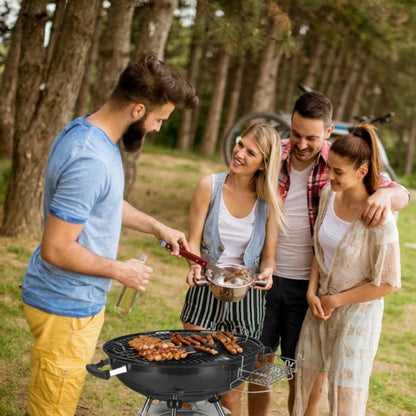 28 - Inch Portable Charcoal Grill with Wheels and Storage Holder, Porcelain - Enameled Lid and Ash Catcher Thermometer, Round Barbecue Kettle Grill Bowl Wheels Outdoor Party Camping Picnic
