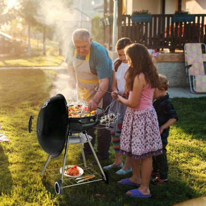 28 - Inch Portable Charcoal Grill with Wheels and Storage Holder, Porcelain - Enameled Lid and Ash Catcher Thermometer, Round Barbecue Kettle Grill Bowl Wheels Outdoor Party Camping Picnic