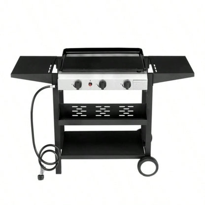 3 - Flat Top Gas Griddle Cooking Station with Ceramic Coated Cast Iron Pan, 30, 000 BTU Propane Fuelled Griddle Station with Side Shelves Spice Rack Outdoor Barbecue Backyard Cookout
