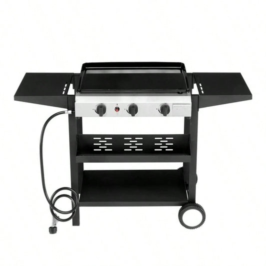 3 - Flat Top Gas Griddle Cooking Station with Ceramic Coated Cast Iron Pan, 30, 000 BTU Propane Fuelled Griddle Station with Side Shelves Spice Rack Outdoor Barbecue Backyard Cookout