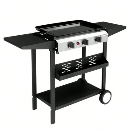 3 - Flat Top Gas Griddle Cooking Station with Ceramic Coated Cast Iron Pan, 30, 000 BTU Propane Fuelled Griddle Station with Side Shelves Spice Rack Outdoor Barbecue Backyard Cookout