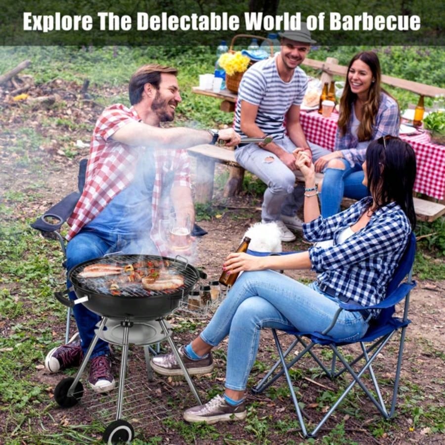 28 - Inch Portable Charcoal Grill with Wheels and Storage Holder, Porcelain - Enameled Lid and Ash Catcher Thermometer, Round Barbecue Kettle Grill Bowl Wheels Outdoor Party Camping Picnic