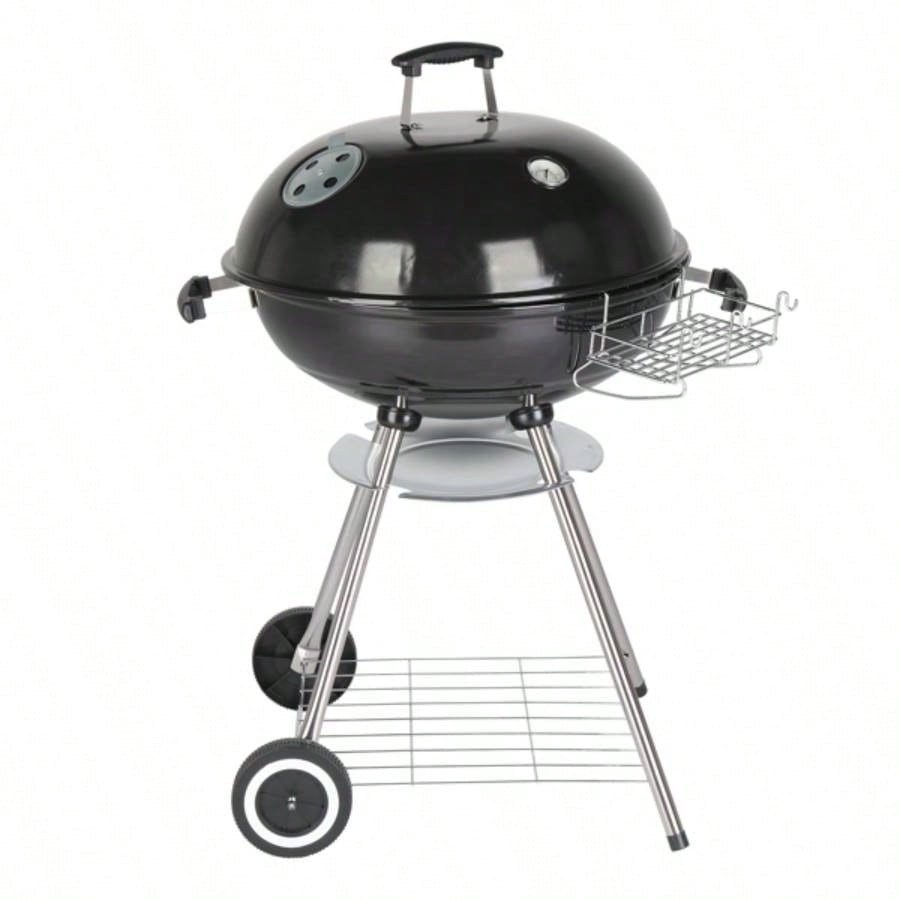 28 - Inch Portable Charcoal Grill with Wheels and Storage Holder, Porcelain - Enameled Lid and Ash Catcher Thermometer, Round Barbecue Kettle Grill Bowl Wheels Outdoor Party Camping Picnic