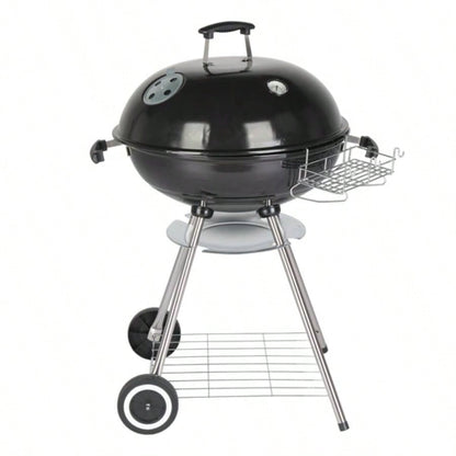 28 - Inch Portable Charcoal Grill with Wheels and Storage Holder, Porcelain - Enameled Lid and Ash Catcher Thermometer, Round Barbecue Kettle Grill Bowl Wheels Outdoor Party Camping Picnic