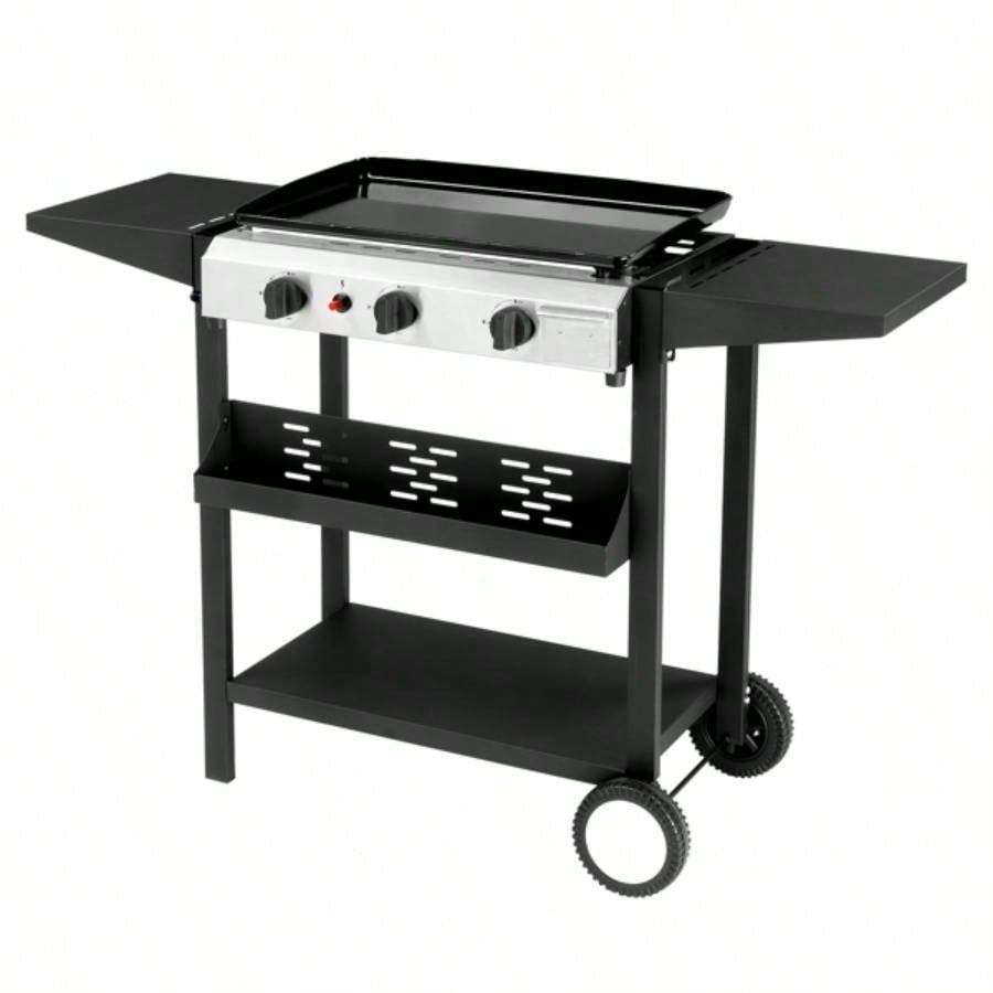 3 - Flat Top Gas Griddle Cooking Station with Ceramic Coated Cast Iron Pan, 30, 000 BTU Propane Fuelled Griddle Station with Side Shelves Spice Rack Outdoor Barbecue Backyard Cookout