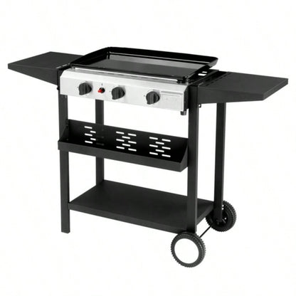 3 - Flat Top Gas Griddle Cooking Station with Ceramic Coated Cast Iron Pan, 30, 000 BTU Propane Fuelled Griddle Station with Side Shelves Spice Rack Outdoor Barbecue Backyard Cookout