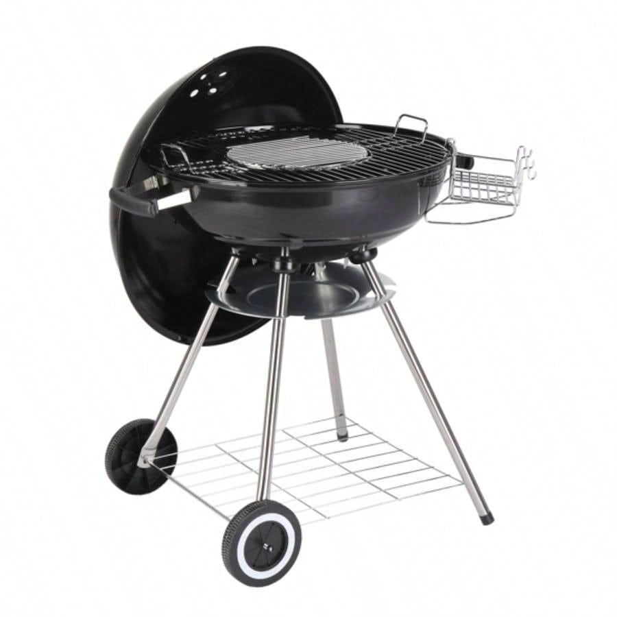 28 - Inch Portable Charcoal Grill with Wheels and Storage Holder, Porcelain - Enameled Lid and Ash Catcher Thermometer, Round Barbecue Kettle Grill Bowl Wheels Outdoor Party Camping Picnic
