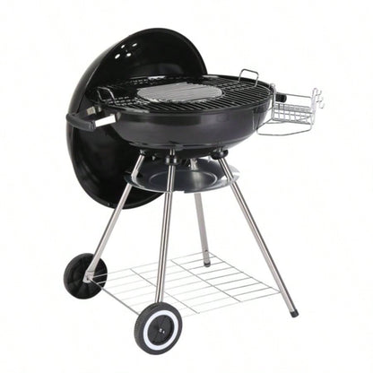 28 - Inch Portable Charcoal Grill with Wheels and Storage Holder, Porcelain - Enameled Lid and Ash Catcher Thermometer, Round Barbecue Kettle Grill Bowl Wheels Outdoor Party Camping Picnic