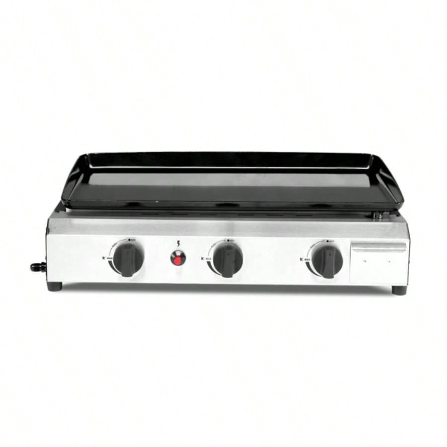 3 - Flat Top Gas Griddle Cooking Station with Ceramic Coated Cast Iron Pan, 30, 000 BTU Propane Fuelled Griddle Station with Side Shelves Spice Rack Outdoor Barbecue Backyard Cookout