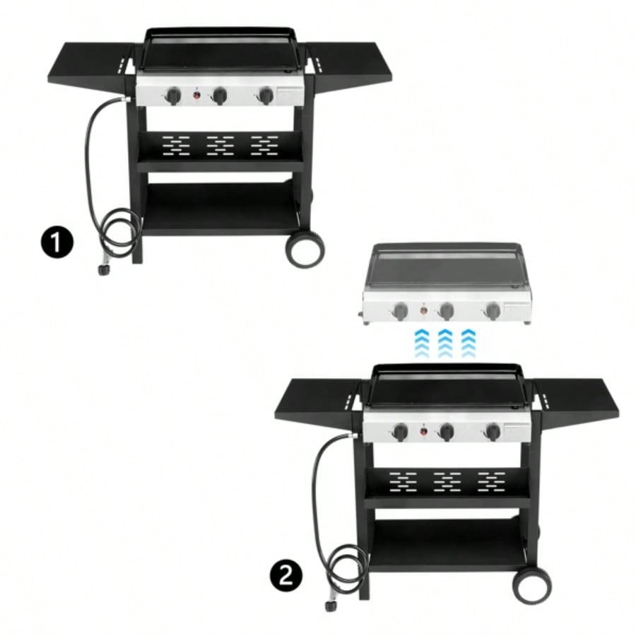 3 - Flat Top Gas Griddle Cooking Station with Ceramic Coated Cast Iron Pan, 30, 000 BTU Propane Fuelled Griddle Station with Side Shelves Spice Rack Outdoor Barbecue Backyard Cookout