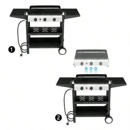 3 - Flat Top Gas Griddle Cooking Station with Ceramic Coated Cast Iron Pan, 30, 000 BTU Propane Fuelled Griddle Station with Side Shelves Spice Rack Outdoor Barbecue Backyard Cookout