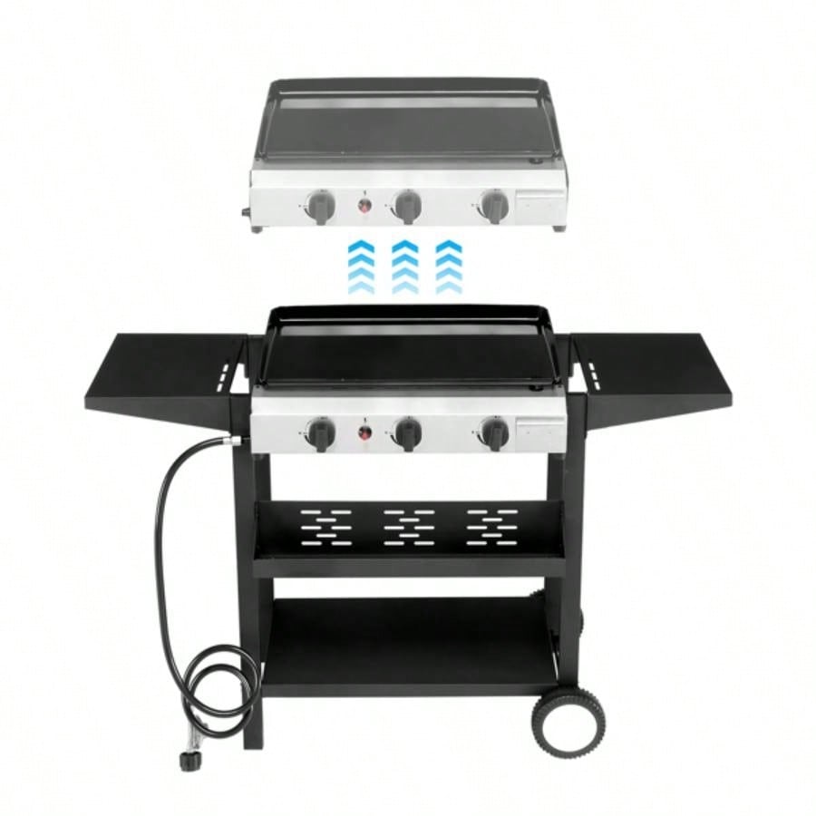 3 - Flat Top Gas Griddle Cooking Station with Ceramic Coated Cast Iron Pan, 30, 000 BTU Propane Fuelled Griddle Station with Side Shelves Spice Rack Outdoor Barbecue Backyard Cookout