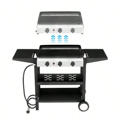 3 - Flat Top Gas Griddle Cooking Station with Ceramic Coated Cast Iron Pan, 30, 000 BTU Propane Fuelled Griddle Station with Side Shelves Spice Rack Outdoor Barbecue Backyard Cookout