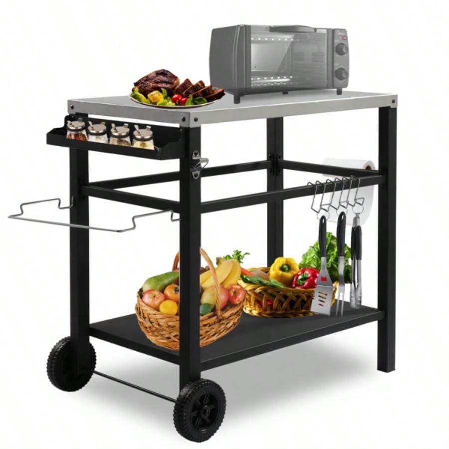 Stainless Steel Flattop Grill Cart, Movable BBQ Trolley Food Prep Cart, Multifunctional Worktable Island with Two Wheels, Hooks