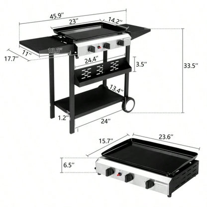 3 - Flat Top Gas Griddle Cooking Station with Ceramic Coated Cast Iron Pan, 30, 000 BTU Propane Fuelled Griddle Station with Side Shelves Spice Rack Outdoor Barbecue Backyard Cookout