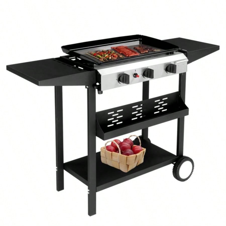 3 - Flat Top Gas Griddle Cooking Station with Ceramic Coated Cast Iron Pan, 30, 000 BTU Propane Fuelled Griddle Station with Side Shelves Spice Rack Outdoor Barbecue Backyard Cookout