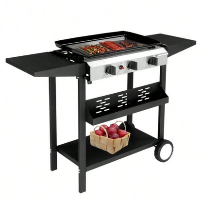 3 - Flat Top Gas Griddle Cooking Station with Ceramic Coated Cast Iron Pan, 30, 000 BTU Propane Fuelled Griddle Station with Side Shelves Spice Rack Outdoor Barbecue Backyard Cookout